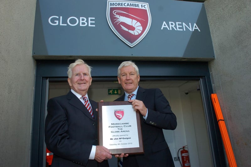 Morecambe chairman Peter McGuigan with his father Jim McGuigan, who officially opened the Globe Arena before the Morecambe v Shrewsbury game.