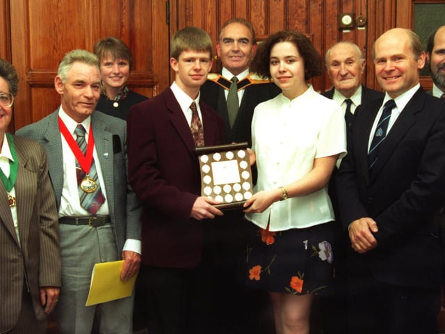 Heysham High School students, Gary Hodgson and Claire Robinson, joint winners of the George Thomlinson Shield for the highest academic achievement, received their award at the school's prize presentation evening held at the Trinity Methodist Church, Morecambe, with guests the deputy mayor and mayoress of Lancaster, Coun Patrick and Sheila Kavanagh, Zofia Riddell, head teacher Malcolm Thomas, vice chairman of the school governors HV Barnard, Lancaster town clerk John Burrows and John Toubkin.