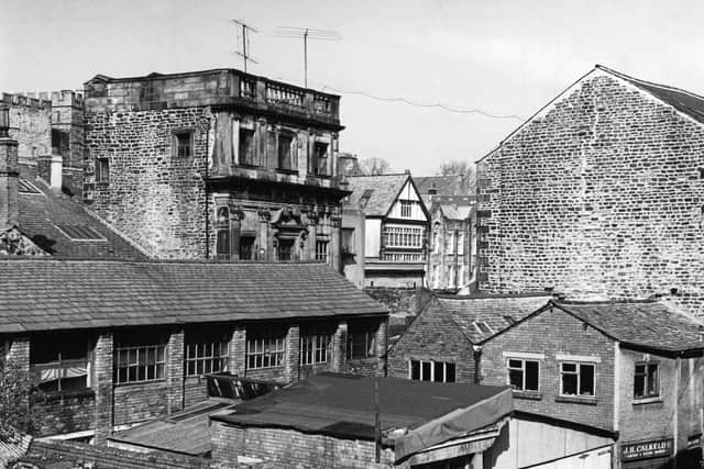 Music Room, Sun Street Square, jutting above the roof tops, Lancaster. The Music Room can only just be seen above buildings surrounding it in 1972. Photo used by kind permission of RIBA Digital Photographic Collection. www.ribapix.com