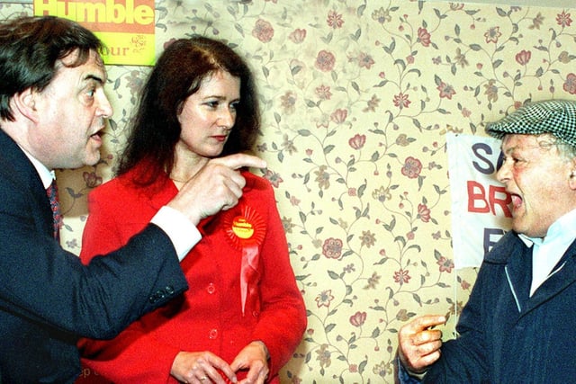 John Prescott, arguing with heckler Terry Barcock, during a pre-election visit to the Cutty Sark pub at Fleetwood. Looking on is Blackpool North and Fleetwood MP Joan Humble