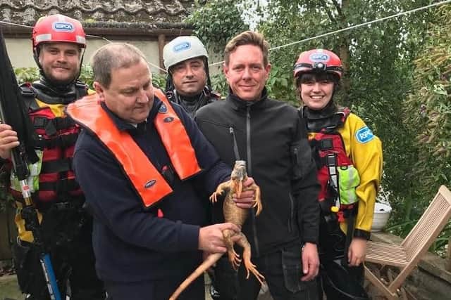 From left: RSPCA Deputy Chief Inspector Carl Larsson, Inspector Chris Towler, Chief Inspector Rob Molloy, tree surgeon Kevin Backhouse and Inspector Amy McIntosh with iguana.
