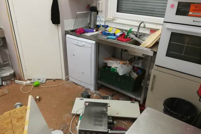 The vandalism caused to the kitchen at Marsh Community Centre.