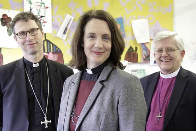 Rev. Dr Jill Duff with her soon-to-be episcopal colleagues on the day of her announcement as the next Bishop of Lancaster, which took place at Marsh Community Centre in Lancaster. On the left is Rt Rev. Philip North, Bishop of Burnley and on the right is Rt Rev. Julian Henderson, Bishop of Blackburn.