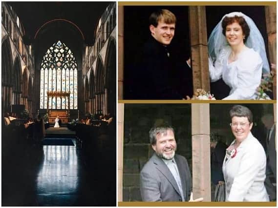 Archdeacon Michael's wedding day and pictured at Carlisle Cathedral with wife Ruth 26 years ago and now