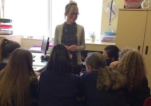 Charlotte Lowe talks to pupils at Lostock Hall Academy