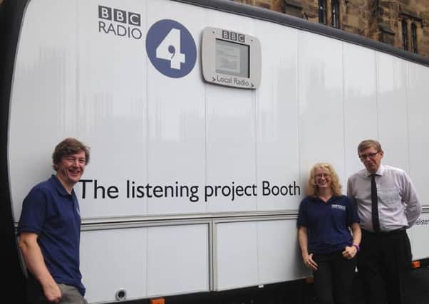 Radio Lancashire news editor David Saville, Radio Lancashire's Claire Ashmore, and Mark Thompson, operator of the listening booth.