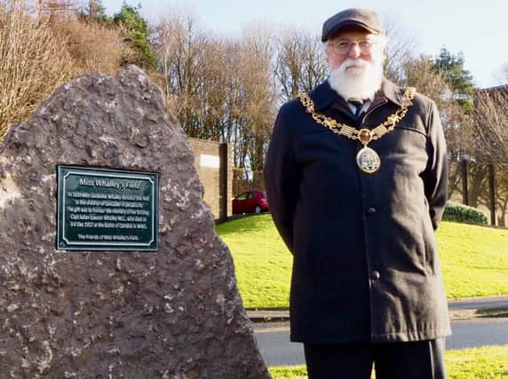 The Mayor of Lancaster, Councillor Roger Mace, next to the plaque at the Miss Whalley Field centenary event in Lancaster. Picture by Richard Evans.