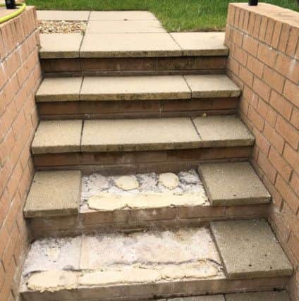 Jo Wilkinson's damaged garden steps caused by drainage problems at The Silks in Galgate.