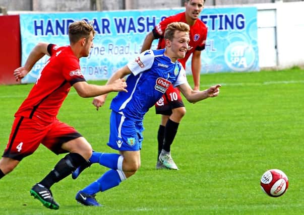 Charlie Bailey went close to scoring for Lancaster City against Trafford. Picture: Tony North.