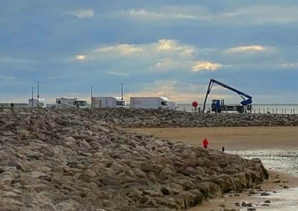 TV crew on the jetty for filming of The Bay, a drama set in Morecambe and Manchester. Picture by @StrictlyAngela.