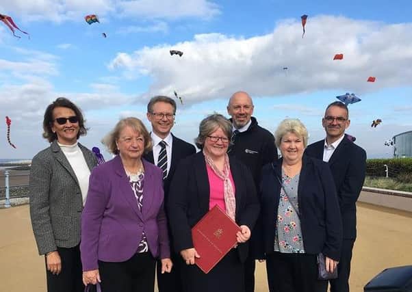 Front row: Eileen Blamire, ThÃ©rÃ¨se Coffey and Janice Hanson, with, back Morecambe and Lunesdale MP David Morris and representatives from the Environment Agency and VBA JV Ltd