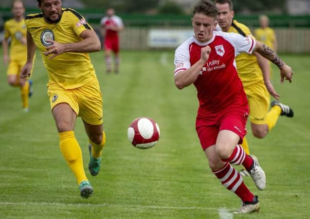 New Lancaster City striker Reece Webb-foster in action for Colne this season. Picture: Andy Pritchard.