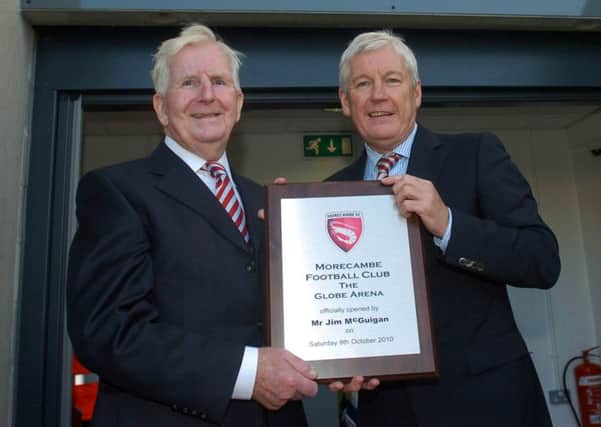 Morecambe chairman Peter McGuigan with his father Jim McGuigan, who officially opened the Globe Arena