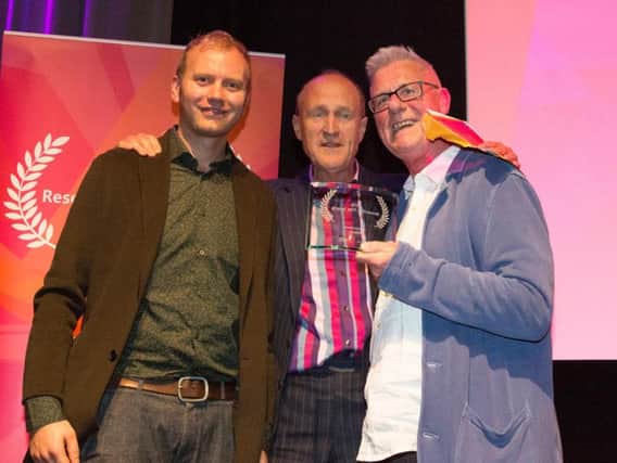 Film-maker, Tom Diffenthal, ITV chairman, Sir Peter Bazalgette and Mirador Trustee, George Harris receiving the AHRC award at BAFTA in London.