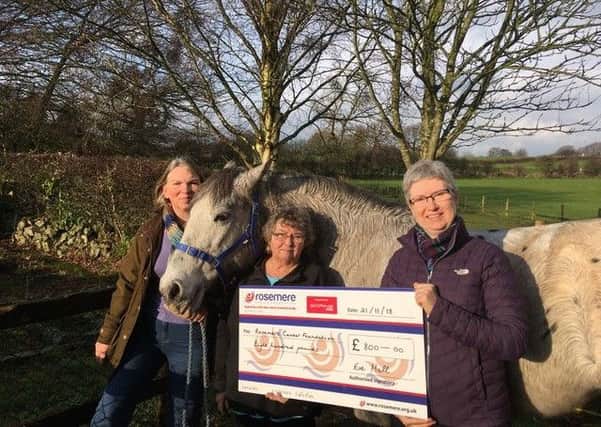 From left: Bridget Pickthall, chair of Cumbria Bridleways Society and Eve Hall, chair of North Lancashire Bridleways, with Rosemere Cancer Foundations Julie Hesmondhalgh and Poppy the pony.