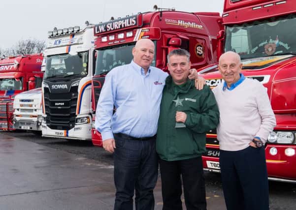 L to R - Mike Healey was pulled from a truck fire in LIverpool by fellow trucker, Steve Belmont (centre)- which led to him being nominated as Trucker of the Year at the truckersÃ¢Â¬" favourite roadside cafe, Road King, owned by Fred Done, right. 
Further info - Pete Spencer - 07876 545621

Photograph by Jon Parker Lee. Please credit: Jon Parker Lee.
NO SYNDICATION WITHOUT CONSENT. NO THIRD PARTY USAGE.