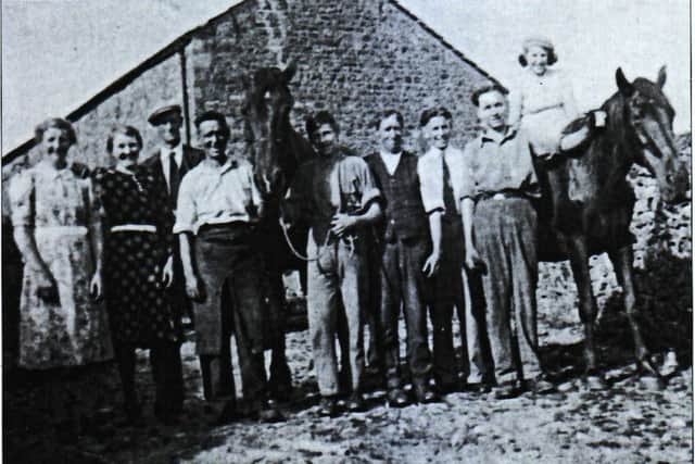 The Taylors from Green Smithy visit Halsteads Farm, Dalehead, near Slaidburn in the 1940s to shoe horses. From left: Annie Wallbank, Grace Carr, Allan Carr, Robert Taylor senior (blacksmith), Alwyne Wallbank, Richard Wallbank, not known, Bryan Taylor (son and blacksmith), Ruby Wallbank.