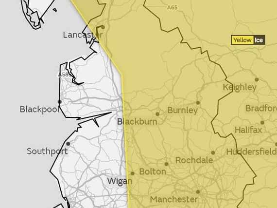 A yellow warning has been issued as ice is expected to form on some surfaces overnight into Tuesday morning across Lancashire.