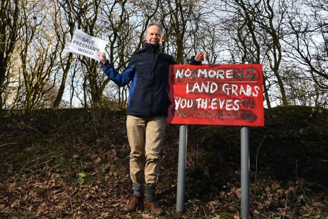 Photo Neil Cross
Jon Barry protesting against housing plans on Freeman's Wood in Lancaster