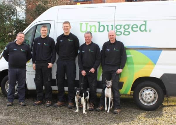 The Unbugged team. From left, Ron Haygarth, Lee Illingworth, James Bland, Mike Tyrrell (with Lemmy the whippet) and Andy Henworth (with Freddie the English Springer Spaniel)