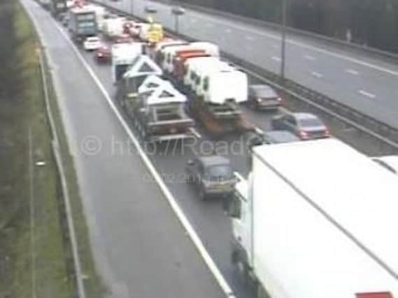 Traffic is at a standstill on the M6 northbound between J23 Haydock and J24 Ashton-in-Makerfield. Pic-Motorway Cameras.