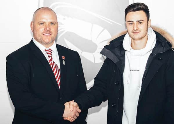 Morecambe manager Jim Bentley and new signing Aaron Collins