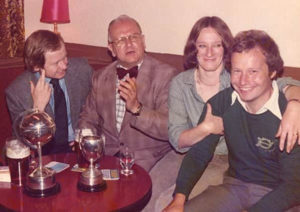 .Lesley and Barry Guise (right) with other team members in the Joiners Arms, c.1982.