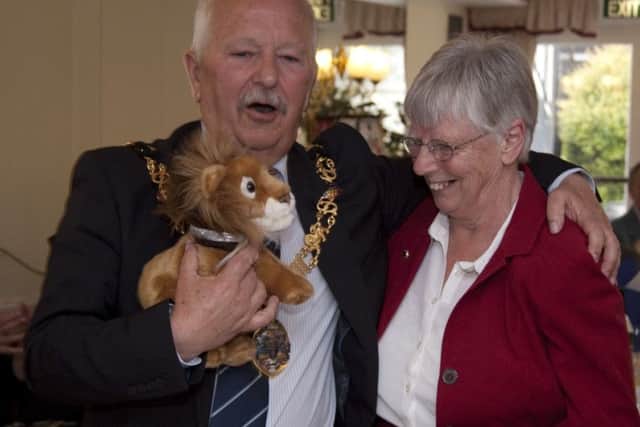 The Mayor of Lancaster, Cllr Paul Woodruff, roared with laughter when he was presented with a Lion to remind him of his visit to Lancaster and Morecambe Lions Club's charter lunch at Morecambe's Headway Hotel. Presenting the Lion is club member, Rosie Ryder.