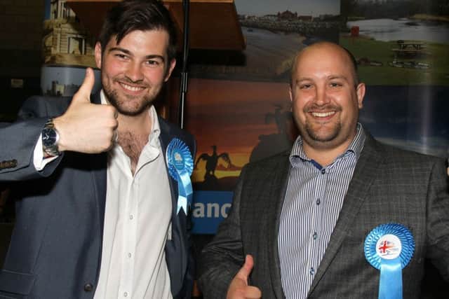 Lancaster City Council and Morecambe Town Council Local Elections at Salt Ayre Sports Centre, Lancaster.
Pictured are Charlie Edards (left) and Brett Cooper Conservative winning Bare Ward.
7th May 2015