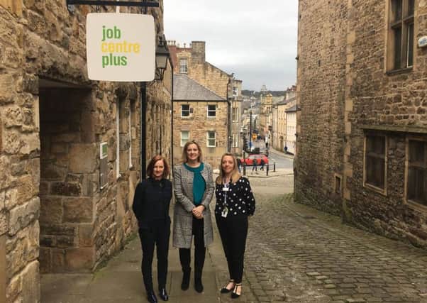 Work and Pensions Secretary Amber Rudd (centre), with the Job Centre's Carla Passarello, service leader for Cumbria and Lancashire, and Helen Saul, customer service leader for North Lancashire.