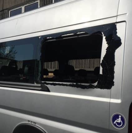 Some of the damage caused to one of the minibuses at Central Lancaster High School.