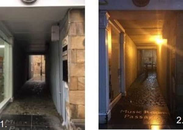Music Room Passage in Lancaster during the day and at night