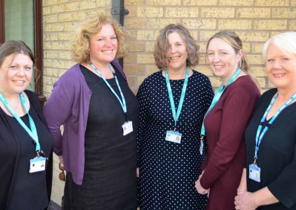 New Safeguarding team members, (from left): The new team members
(pictured) are Maureen Huddleston, Named Nurse for Safeguarding Children Looked After; Lisa Dorrington, Clinical Nurse Specialist (CNS) for Safeguarding Children and Adults; Sarah Fergusson, CNS for Safeguarding Children and Adults; Sarah Wright, CNS for Safeguarding Children and Adults; Amy Davies, CNS for Safeguarding Children and Adults and Kath Gardner, CNS for Child Exploitation.