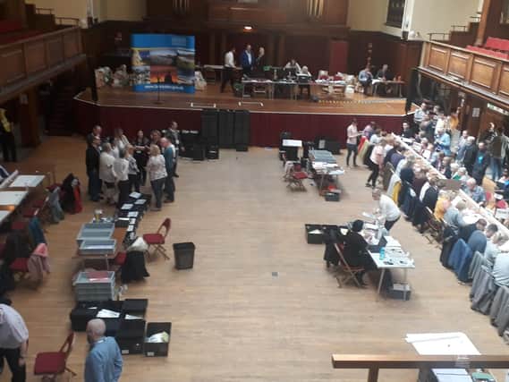 The count is under way at Lancaster Town Hall.