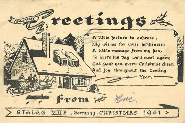 Christmas postcard from Capt Eric Cooper to his sister from Stalag VIIIB Lamsdorf.