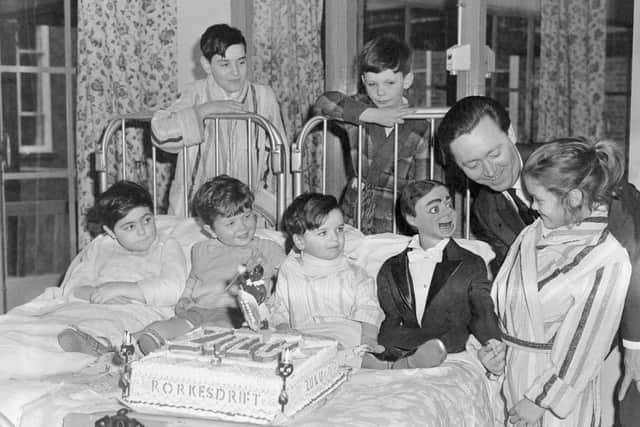 Correct caption and dates
Lost Archives - beg glass plates arthur worsley & charlie at BVH 22_3_1964.JPG
Arthur Worsley and Charlie Brown with a large "Zulu" cake donated by the ABC Theatre at Blackpool Victoria Hospital childrens ward in 1964.
Dated 22/03/1964
Published EG 24/03/ 1964 
Backpool historical
Lost Archives -  Glass Plate negative