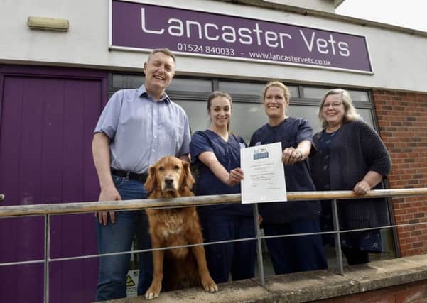 James and Debbie Glass with their golden retriever Dash and, holding the certificate, vets Susie Romaniuk and Helen Griffin.