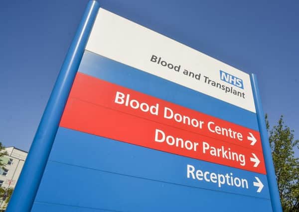 A blood donor centre sign. New figures (June 2019) reveal more women than men donate blood, so an urgent call has gone out for more male blood donors
