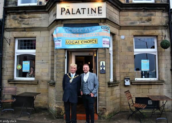 Councillor David Whitaker, mayor of Lancaster, with Morecambe Music Festival founder Stuart Michaels outside the Palatine, venue for the launch night. Photo:Andy Slack.