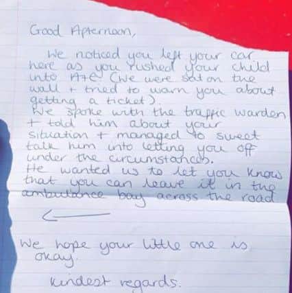 The letter left on Sarah's car.