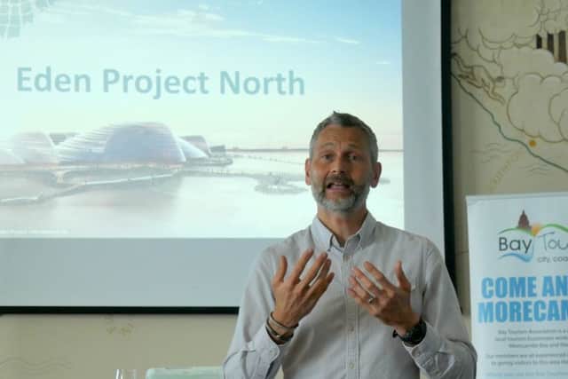 Si Bellamy, from the Eden Project North team, addresses the audience at the launch of the Bay Tourism Association 2019 Visitor Guide at the Midland Hotel, Morecambe