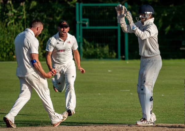 Danny Gilbert celebrates trapping Neels Bergh LBW as Garstang beat Fleetwood       Picture: Tim Gilbert/Preston Photographic Society