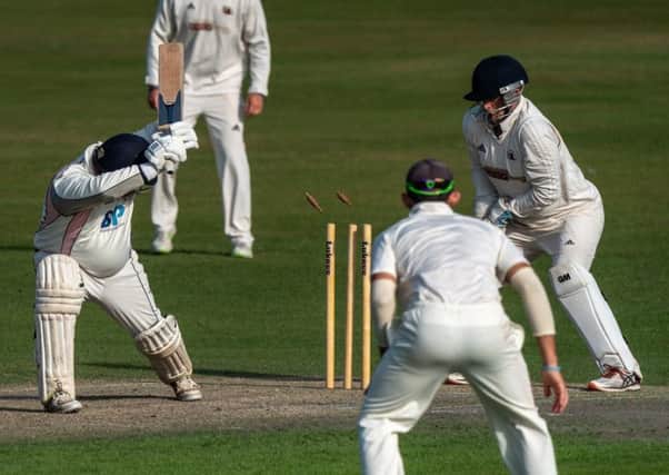 Blackpool's Craig Brown is bowled by Garstang bowler Punit Bisht     Picture: Tim Gilbert/Preston Photographic Society