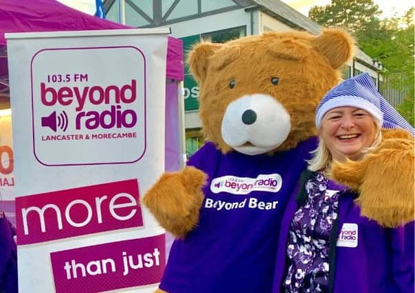 Beyond Radio's mascot with morning volunteer presenter Denise Cooper.