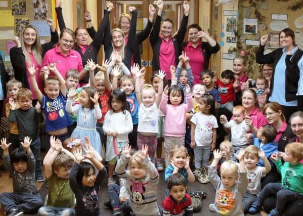 Staff and pupils at Lancaster University pre-school celebrate their Ofsted. Photo by Ben Bibby.