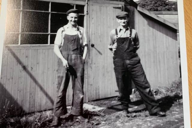 Harry Dodgson's joiner's workshop, Hornby 1959. Jimmy Skeats (right) and Harry Dodgson's son, Raymond (left), are pictured outside the joiner's workshop. Jimmy Skeats made hundreds of poultry cabins during the inter war years. When the resurgence of poultry keeping came in the early 1950s, Jimmy was able to pass on his vast knowledge to a younger generations of joiners. When Harry Dodgson retired circa 1967, his workshop was demolished and the area turned into a car park.