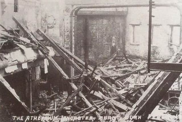 This photograph shows as worded 'The Athenum, Lancaster, burnt down. View from the balcony. The fire happened in 1908.