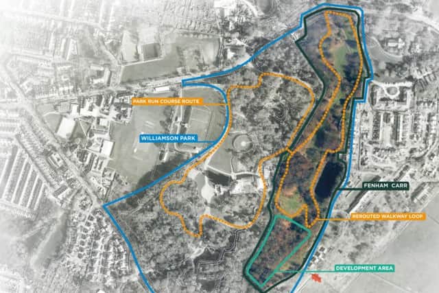 An image from Lancaster City Council showing the area of Williamson Park earmarked for a woodland adventure playground. The proposal could create a series of woodland structures connected by raised walkways, bridges and tunnels with play equipment such as slides, nets, tunnels and ladders.