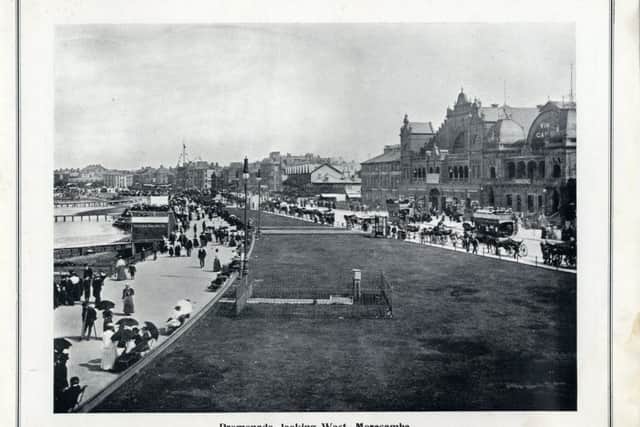 Promenade, looking west, with its gay crowds of pleasure seekers and excursion brakes. Beyond is the town, and to the right we see the too assertive advertisement of the Winter Gardens, from which a view of the same scene from a different aspect is given showing the tram lines and Central Pier.