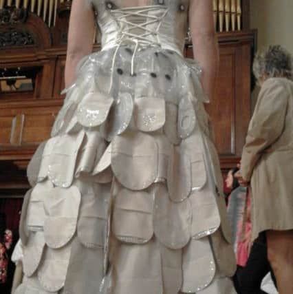 The ball gown made by Angela Elders out of colostomy bags.